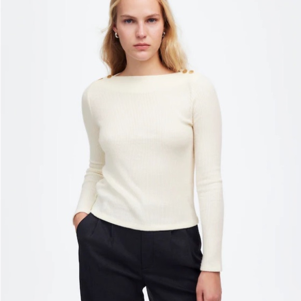 NWT Madewell Boatneck Long-Sleeve Ribbed Knit Top Ivory